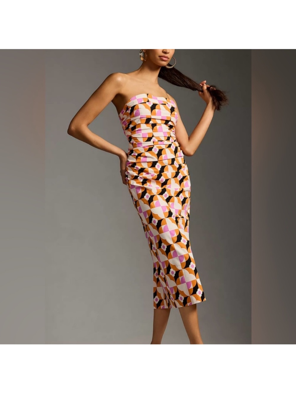 By Anthropologie Printed Strapless Slim Ruched Geometric Midi Dress
